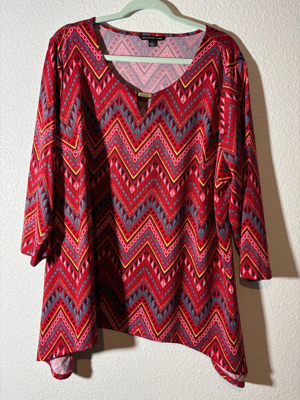 Zac & Rachel Size 2X Red Boho Chevron Tunic Top Asymmetric Handkerchief Hem